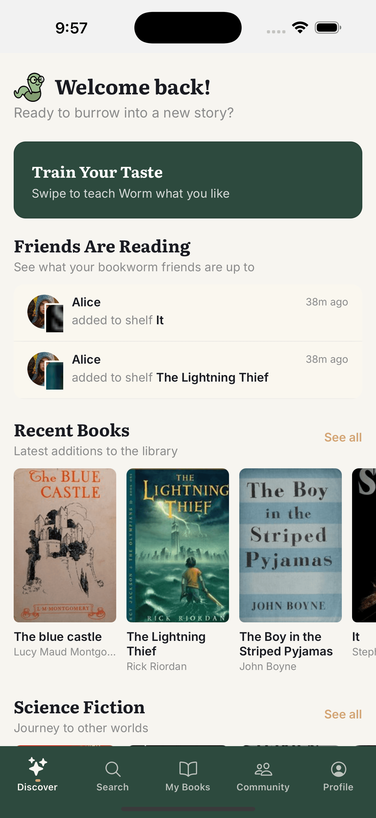 Discover tab showing personalized book recommendations and friends' reading activity